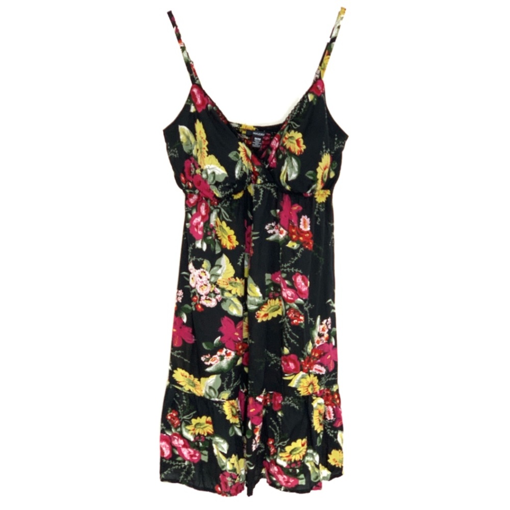 MAJORA | Summer Floral Crinkle Black Dress Size M